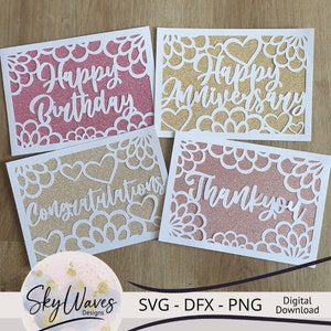 paquet de cartes svg occasions mixtes - joyeux anniversaire, félicitations fiançailles/mariage, remerciement et carte d'anniversaire svg
