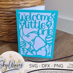 Cartão SVG para recém-nascido, cartão de boas-vindas, elefante bebê fofo, download digital svg, png e dfx para Cricut ou outras máquinas de corte / laser