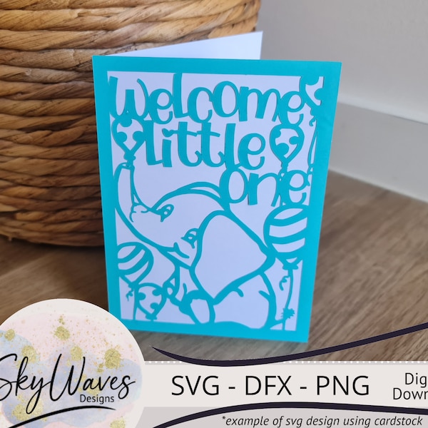 SVG Card for newborn welcome little one card cute baby elephant svg, png & dfx digital download for Cricut or other laser / cutting machines