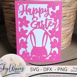 Joyeuses Pâques carte SVG, PNG & DFX téléchargement numérique - carte sur le thème du printemps mignon lapin de Pâques pour Cricut et autres machines de découpe