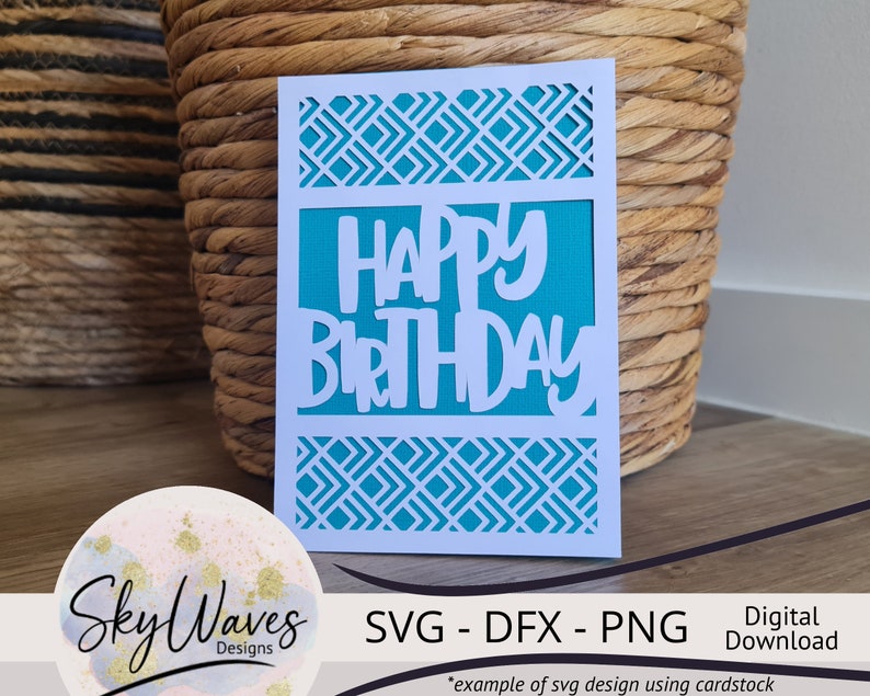 May include: A white card with a turquoise geometric pattern border and a turquoise background with the text "HAPPY BIRTHDAY" cut out in white.
