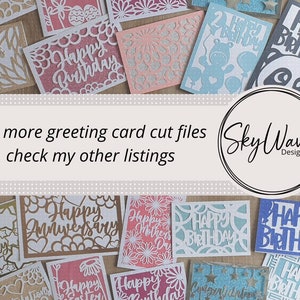 May include: Assortment of greeting cards with various cut-out designs. The cards feature different occasions, including birthday, anniversary, and Mother's Day. The text "Happy Birthday" appears on several cards. The text "Sky Waves Designs" is visible in the center of the image.