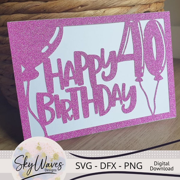 Simple 40th Birthday Card SVG, DFX & PNG Digital file for use with Cricut, Silhouette or other cutting machines - 40th birthday balloon card