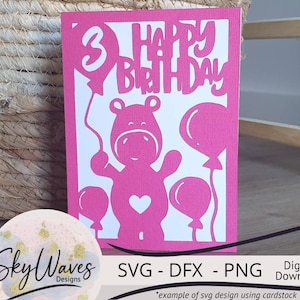 3rd Birthday SVG card cut file - Biglietto di buon compleanno per un bambino di 3 anni - Hippo balloons card Svg, png & dfx digital download