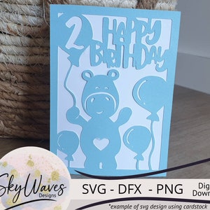 SVG 2. Geburtstagskarte Schneidedatei - Happy Birthday Karte für ein 2-Jähriges - Nilpferd Ballon Karte svg - svg, png & dfx digital download