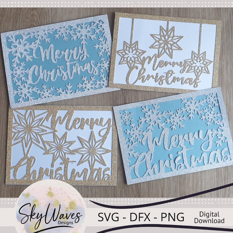 K&ouml;nnte beinhalten: Vier Weihnachtskarten mit glitzernden Akzenten. Zwei Karten haben einen hellblauen Hintergrund mit wei&szlig;en Schneeflocken-Ausschnitten und den Worten "Merry Christmas". Die anderen beiden Karten haben goldene Glitzerakzente und Sternenausschnitte.