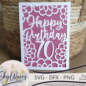 Happy 70th Birthday Card SVG, DFX & PNG Instant Digital Download- simple floral pattern