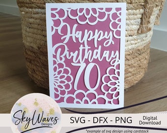 Happy 70th Birthday Card SVG, DFX & PNG Instant Digital Download- simple floral pattern