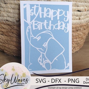 1er anniversaire carte SVG couper fichier - mignon bébé éléphant joyeux anniversaire carte pour un 1 an - téléchargement numérique svg, png & dfx