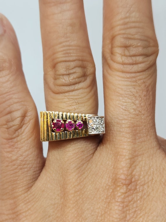 14k Gold Retro Ruby Diamond Ring - Size 6 1/4 - image 5