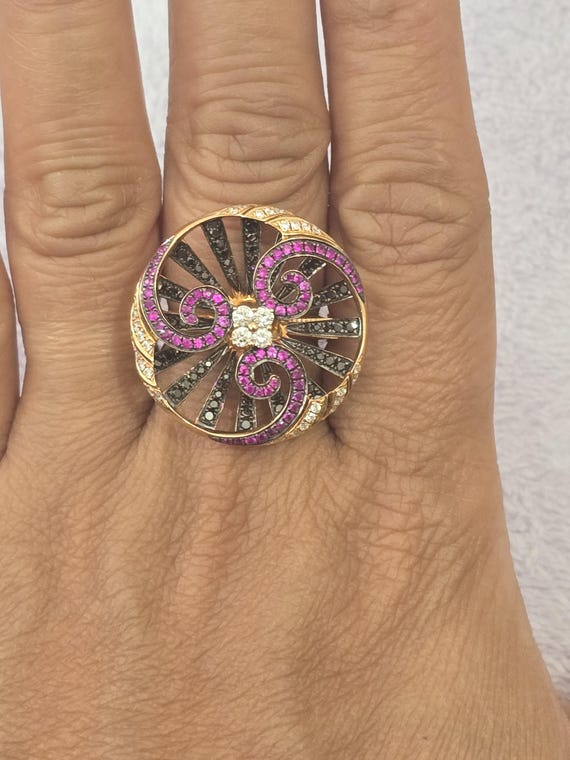 18k Rose Gold Swirl Ring: Ruby, Black & White Dia… - image 13