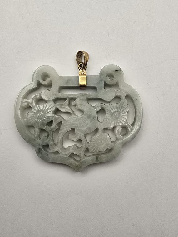 14k Gold Carved Chinese Jade Bird and Flower Pendant