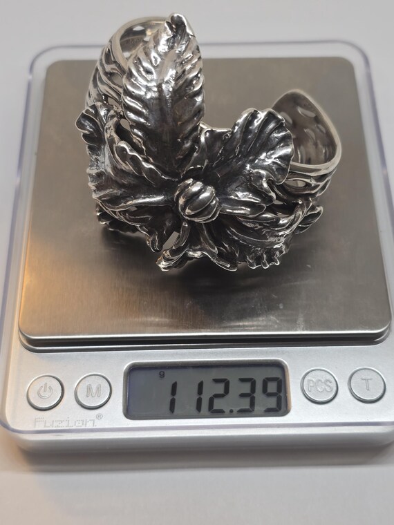 Sterling Silver Flower Cuff Bracelet: Heavyweight… - image 3