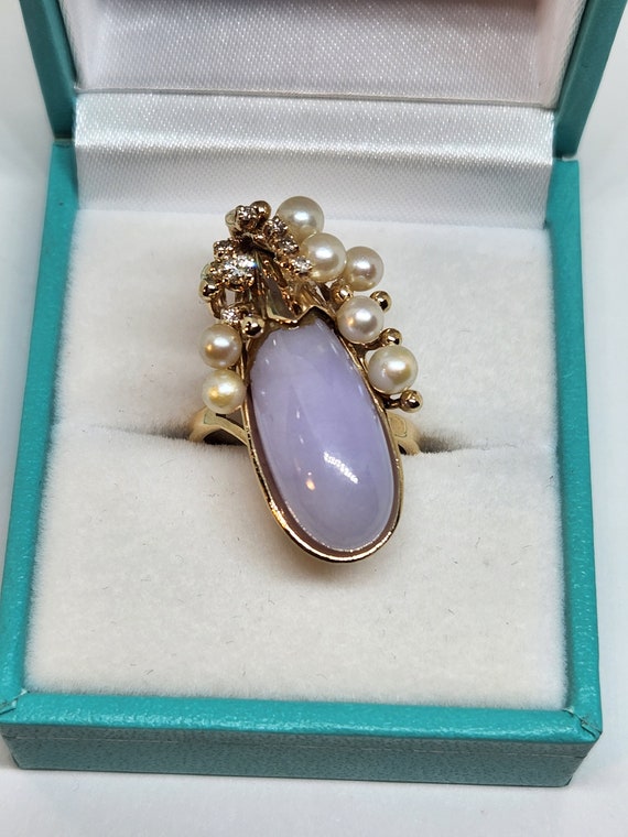 Ming's 14k Gold Lavender Jade Ring: Pearl & Diamond Accent