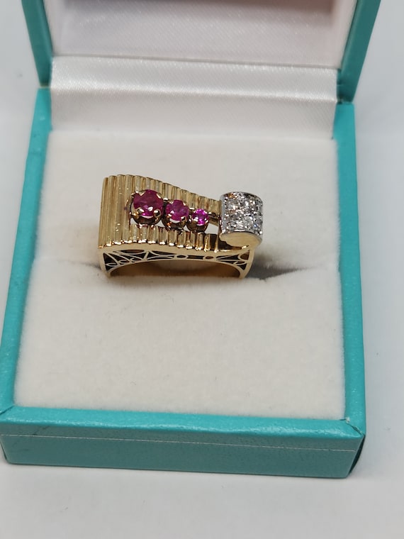 14k solid gold retro ruby and diamond ring / gift… - image 1