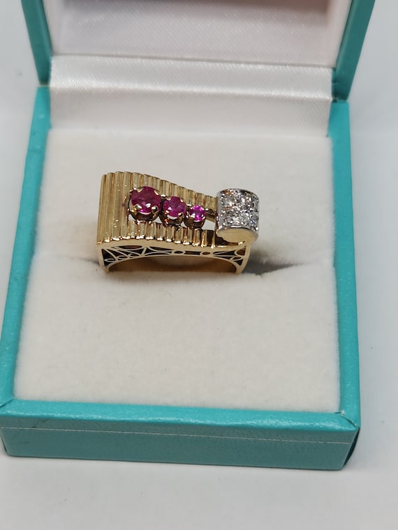14k Gold Retro Ruby Diamond Ring - Size 6 1/4 - image 1