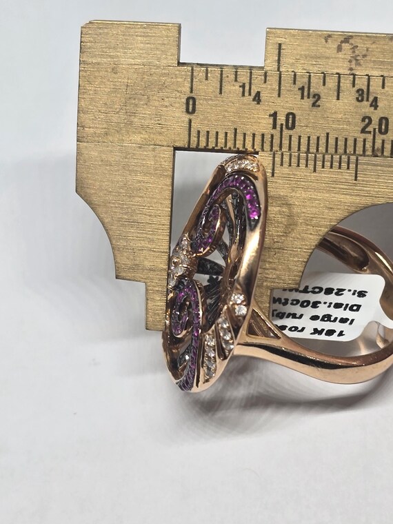 18k Rose Gold Swirl Ring: Ruby, Black & White Dia… - image 3