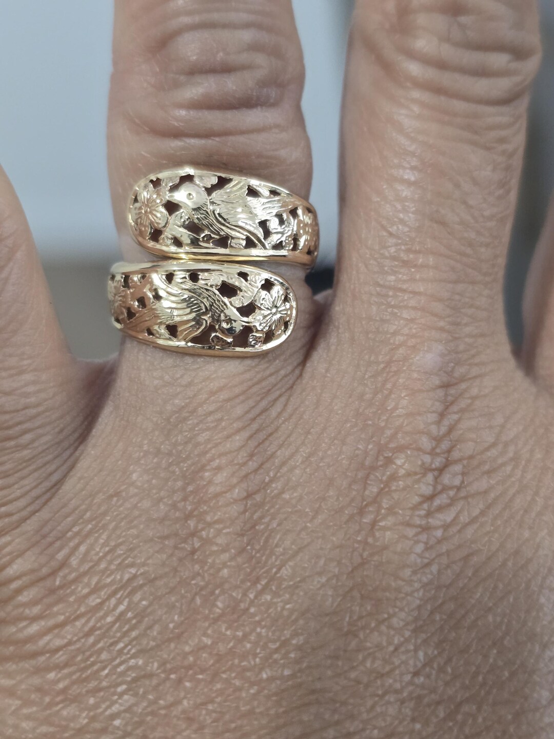 Ming's Hawaii 14k Gold Carved Bird & Flower Bypass Ring - Etsy