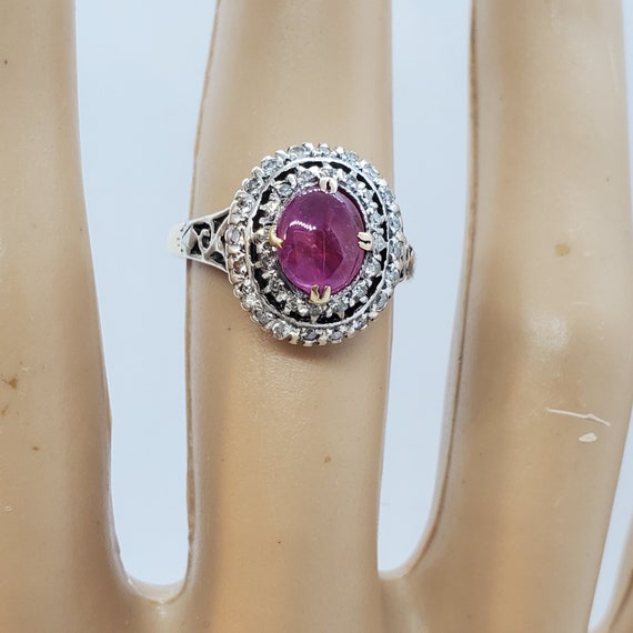 Vintage 14k Gold Star Ruby Cabochon & Diamond Ring - image 8