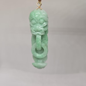 14k solid gold carved dragon green jade pendant / gift for her or him/ vintage pendant