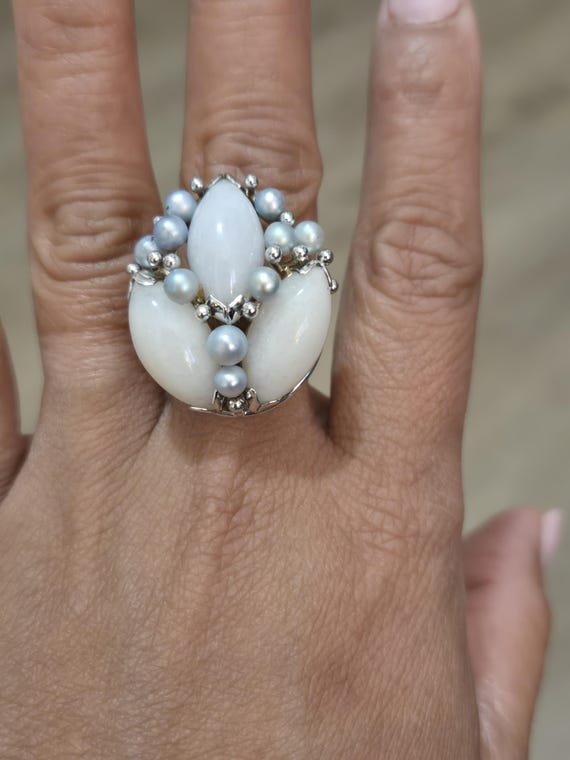 Ming's Hawaii Vintage 14k White Gold Jade & Pearl Ring - Etsy