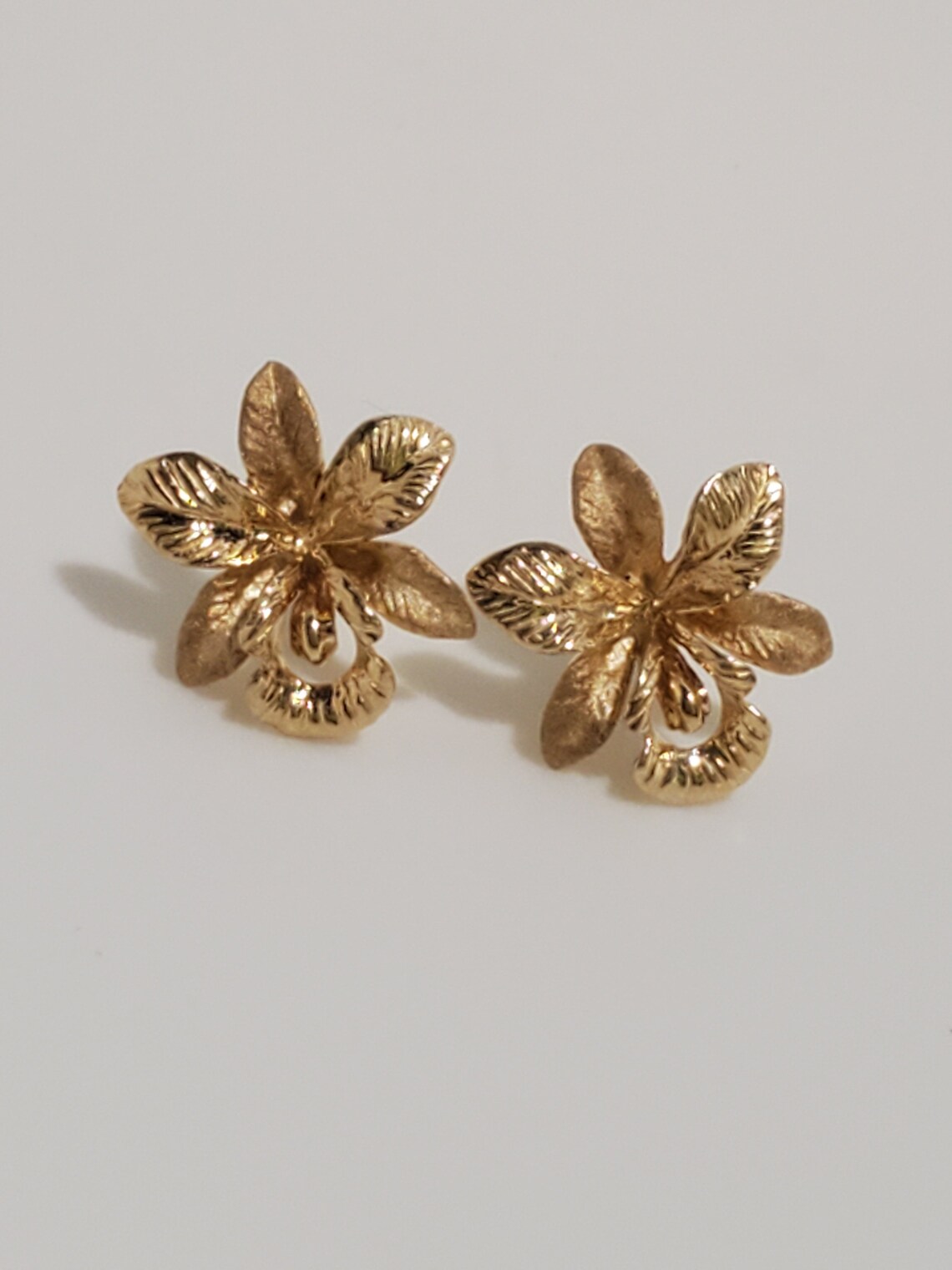 14k Solid Gold Orchid Flower Pierced Earrings Etsy