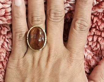 Ming's Hawaii 14k solid gold brown agate stone ring / gift for her / vintage ring