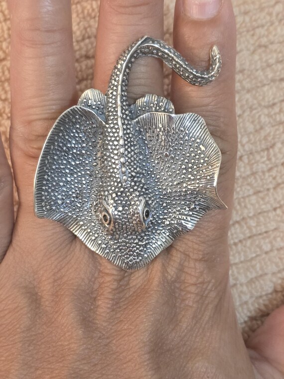 Solid Sterling Silver Stingray Ring: Adjustable O… - image 2
