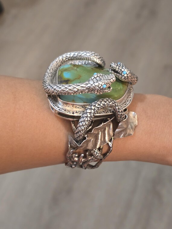 Sterling Silver Two Snake Turquoise Cuff Bracelet… - image 7