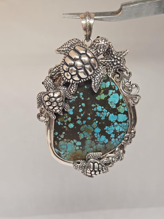 Sterling Silver Turquoise Pendant: Sea Turtle & Starfish Design