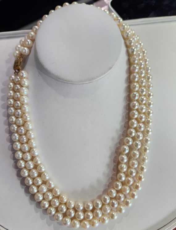 14k solid gold ming's three strand cultured pearl… - image 5