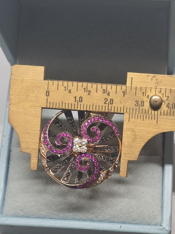 18k Rose Gold Swirl Ring: Ruby, Black & White Dia… - image 2