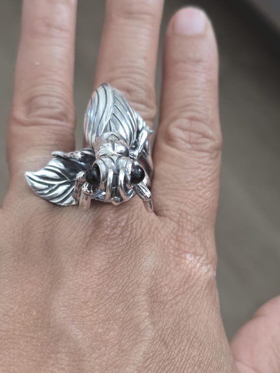 Sterling Silver Praying Mantis Ring: Black Onyx E… - image 10