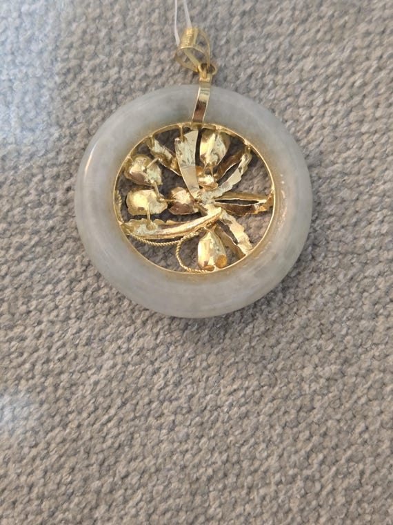 14k Gold Multicolor Jade Pendant - Vintage Round … - image 8