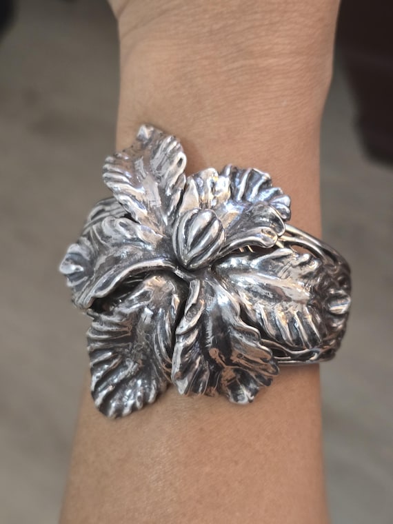 Sterling Silver Flower Cuff Bracelet: Heavyweight… - image 1
