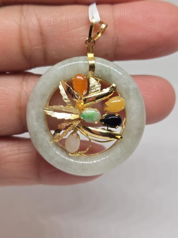 14k Gold Multicolor Jade Pendant - Vintage Round … - image 6