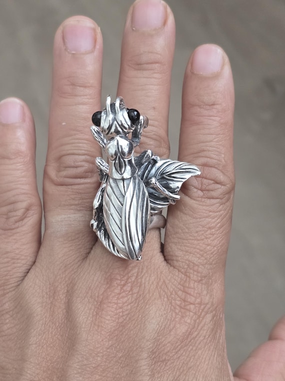 Sterling Silver Praying Mantis Ring: Black Onyx E… - image 1