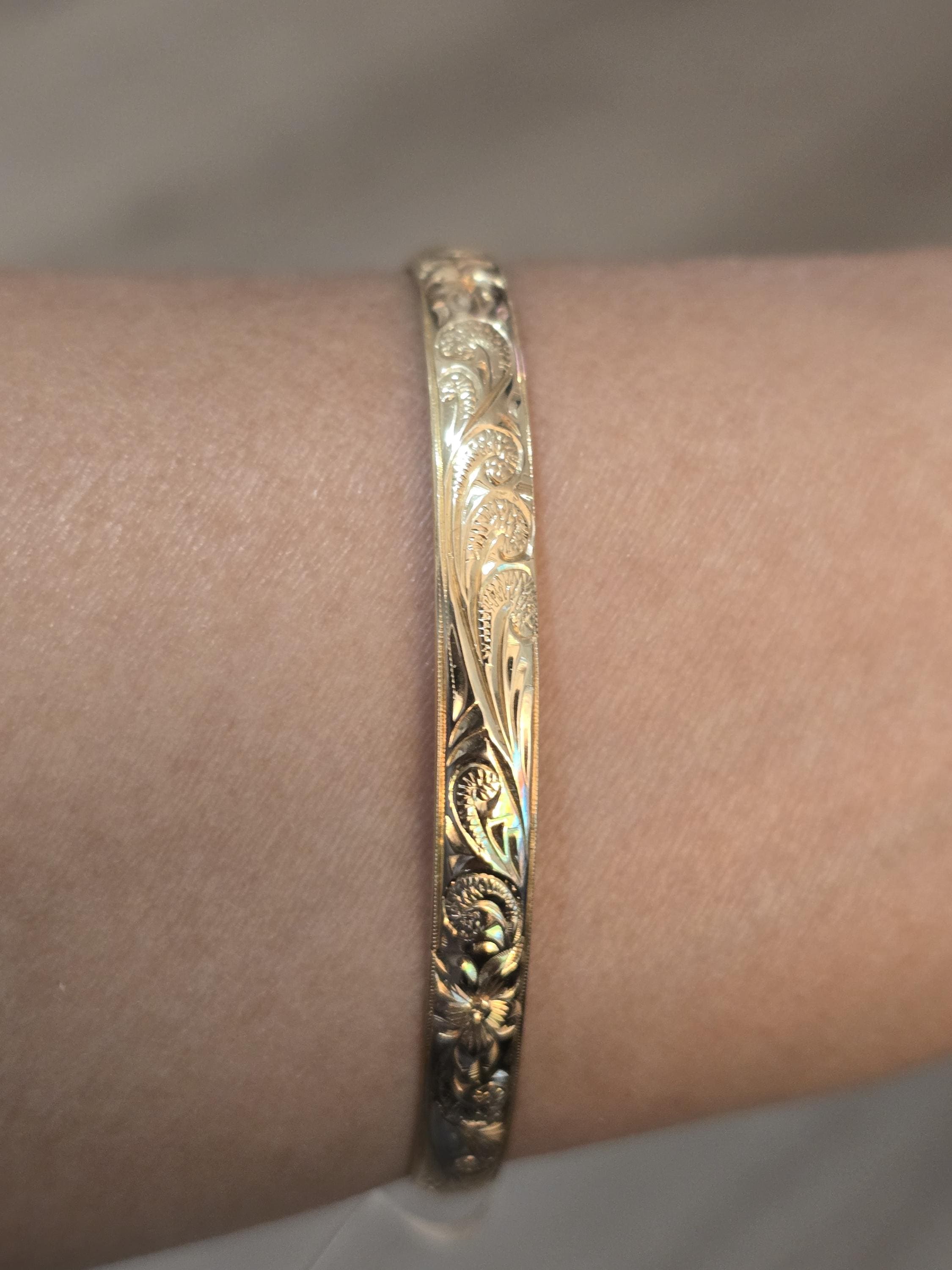14k solid gold Hawaiian heirloom plumeria & royal scroll design Bangle/ gift for her