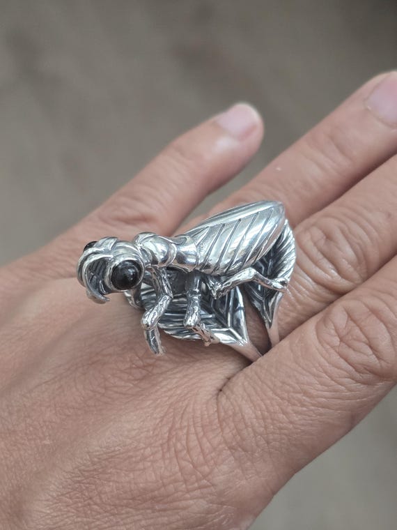 Sterling Silver Praying Mantis Ring: Black Onyx E… - image 7