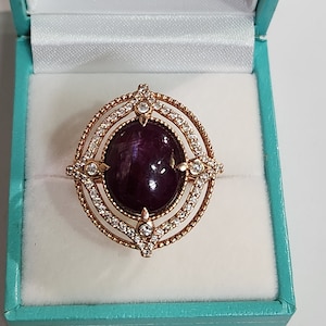 14k solid rose gold star ruby diamond ring / gift for her/ pre -owned