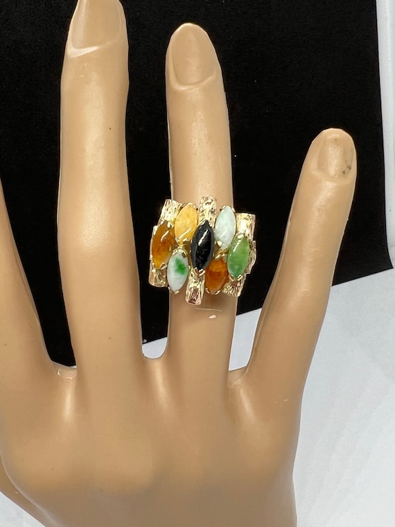 14k Solid Gold Multicolor Jade Ring - Gem