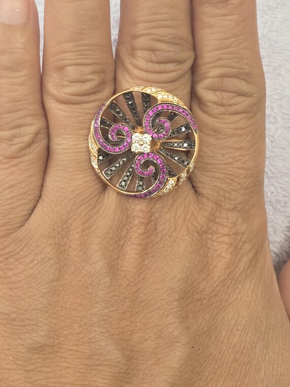 18k Rose Gold Swirl Ring: Ruby, Black & White Dia… - image 14