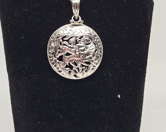 Sterling silver carved dragon round pendant / gift for her or him