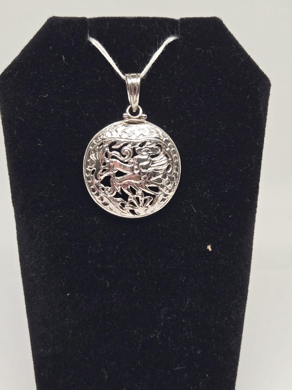 Sterling Silver Carved Dragon Pendant - Round Amulet