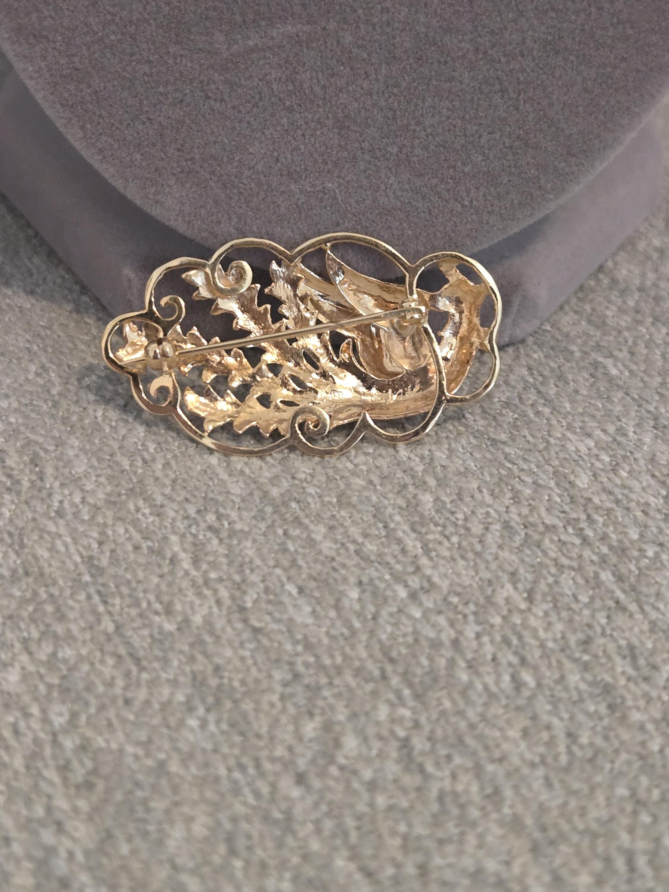 Ming's Hawaii 14k Solid Gold Carved Phoenix Brooch/ Gift for