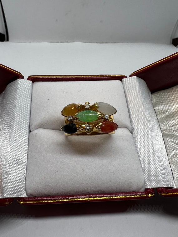 14k solid gold multicolor jade diamond ring