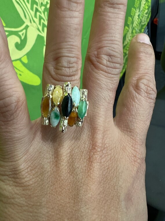 14k Solid Gold Multicolor Jade Ring - Gem
