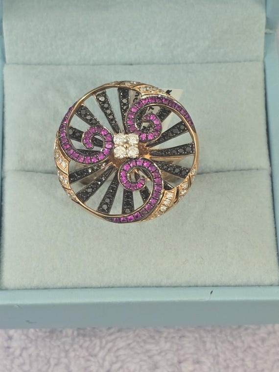 18k Rose Gold Swirl Ring: Ruby, Black & White Dia… - image 12