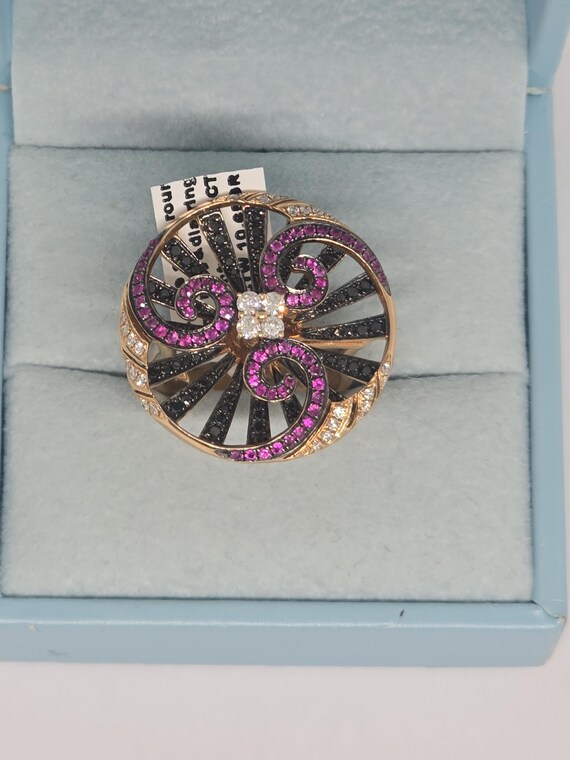 18k Rose Gold Swirl Ring: Ruby, Black & White Dia… - image 11