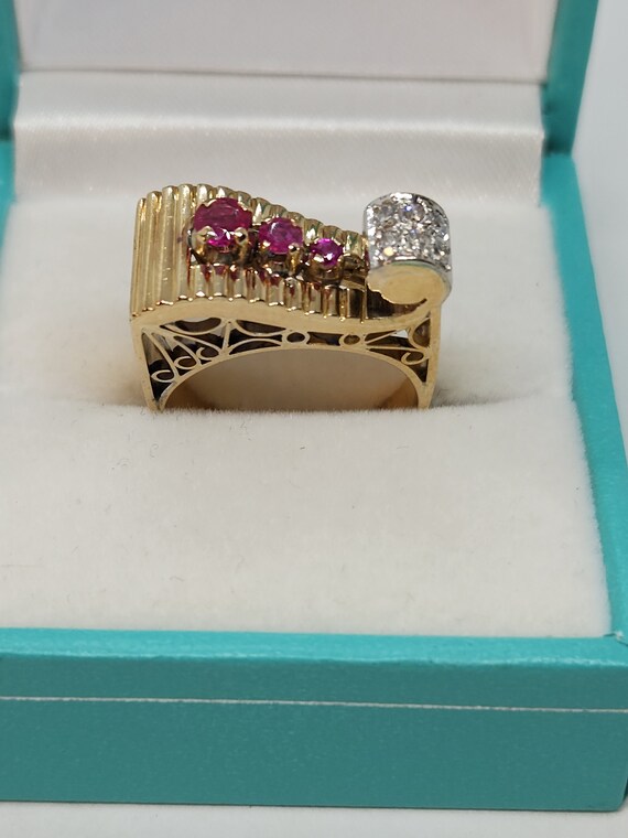 14k Gold Retro Ruby Diamond Ring - Size 6 1/4 - image 8